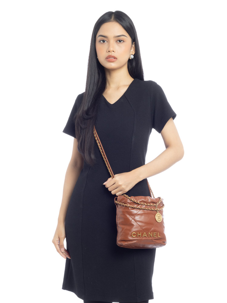 Shiny Calfskin Mini Chanel 22 Light Brown