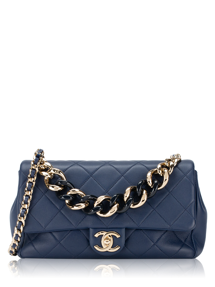 Lambskin Resin Bi-Color Large Chain Flap Bag Navy
