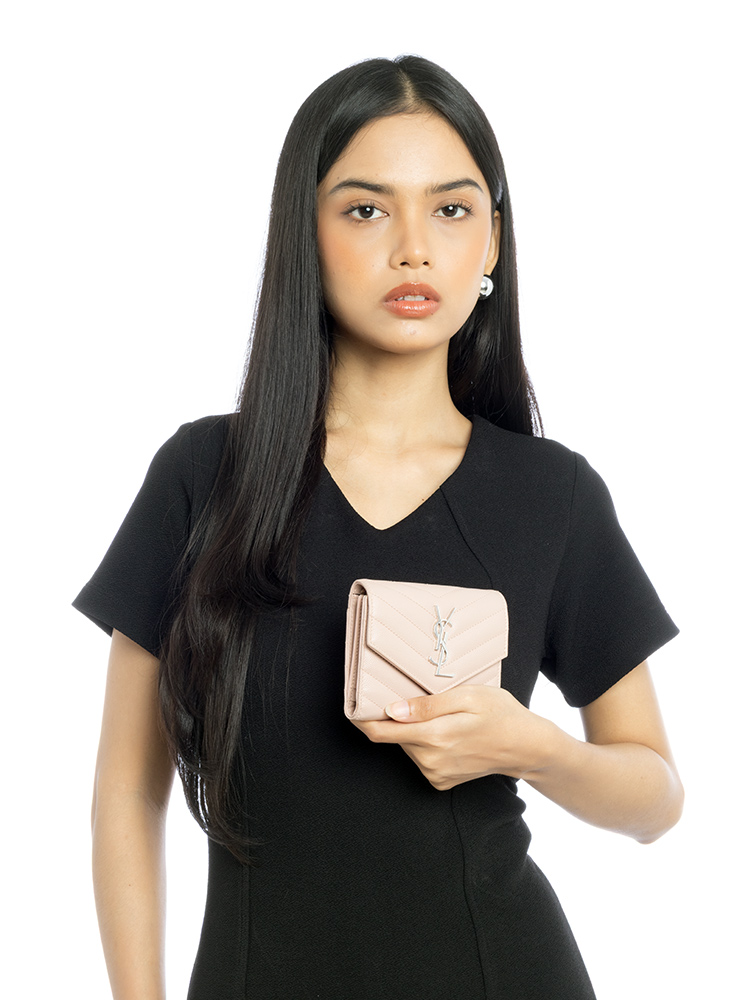 Grain De Poudre Matelasse Monogram Compact Trifold Wallet Pale Pink