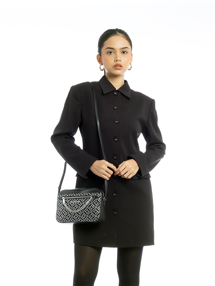 Jet Set Signature Jacquard Metallic Chain Crossbody Black Silver