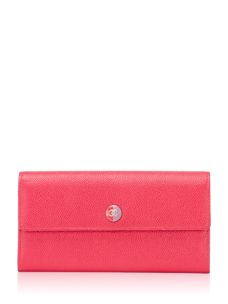 Caviar Enamel CC Gusset Long Wallet Pink