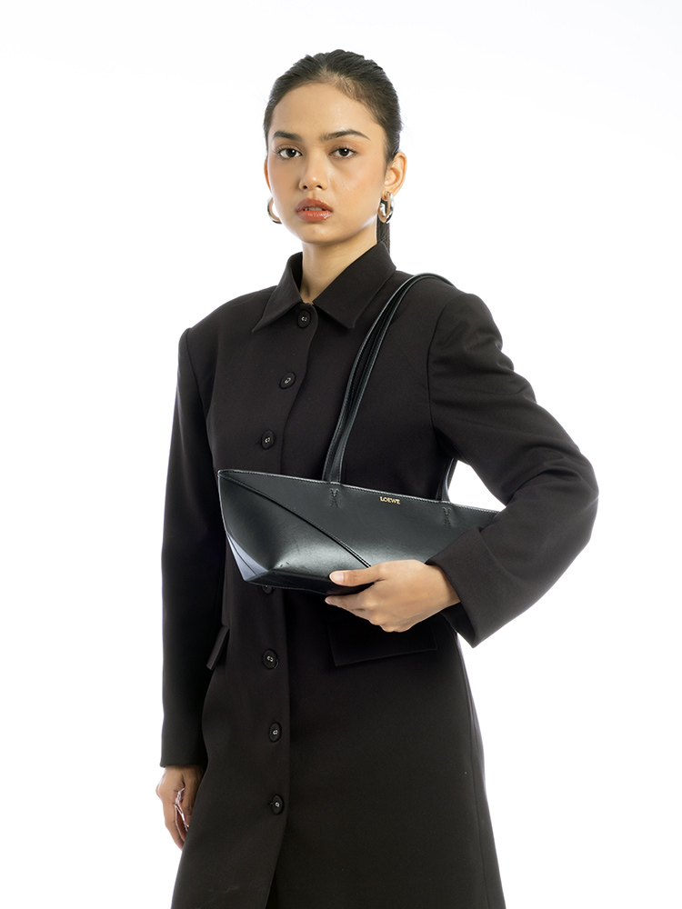Shiny Calfskin Cropped Puzzle Fold Tote Black