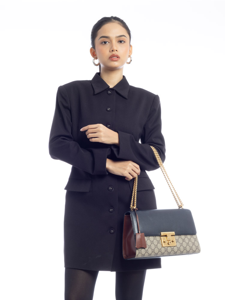 GG Supreme Padlock Medium Shoulder Bag Beige Black Cuir