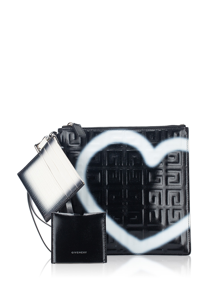 Embossed Calfskin Heart Printed Multipouch Black White