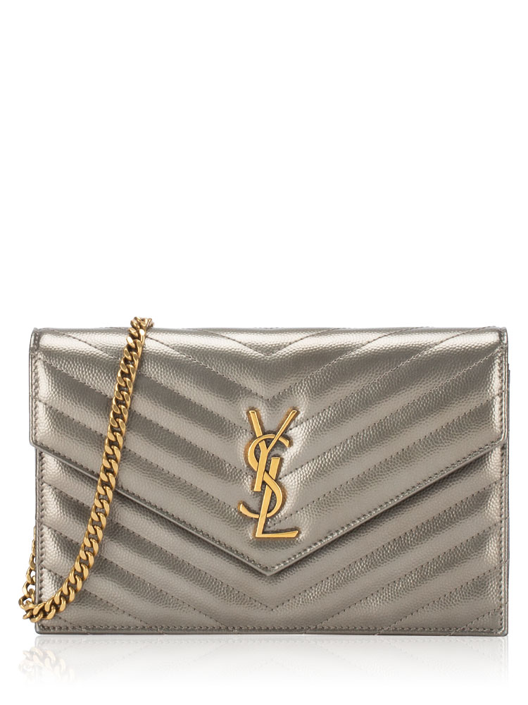 Metallic Grain De Poudre Matelasse Monogram 19cm Chain Wallet Piombo