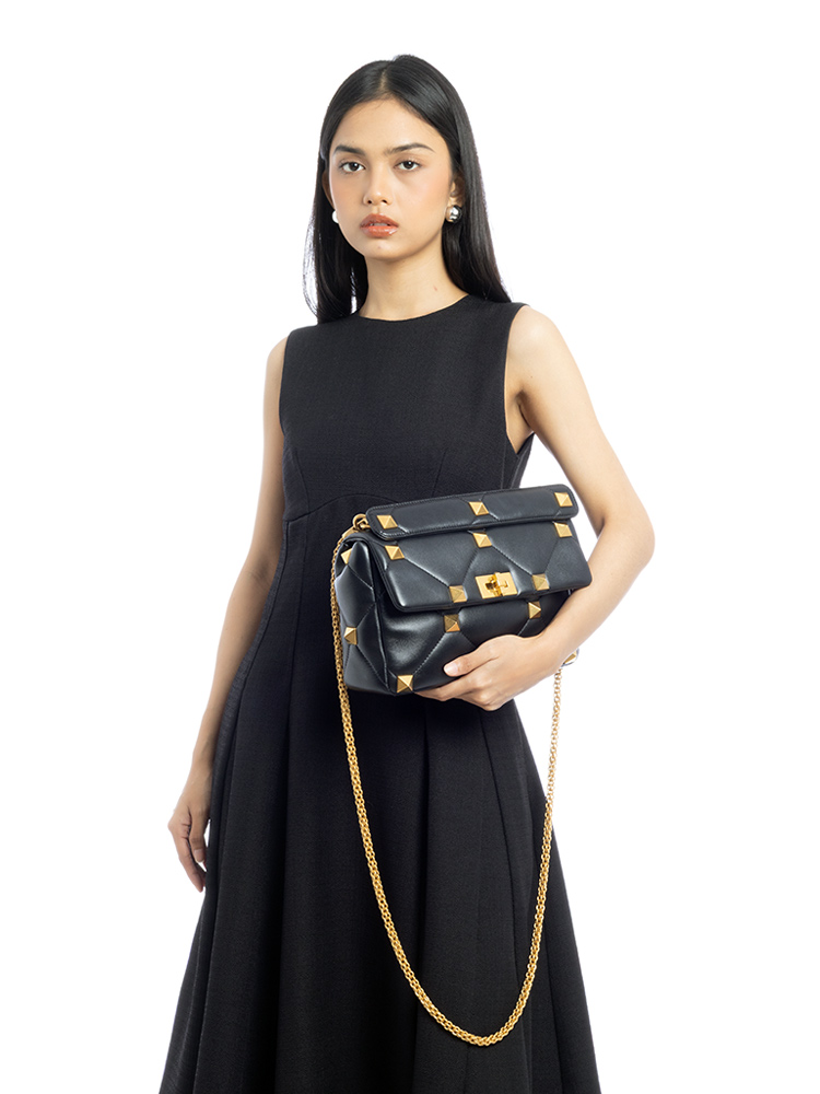 Nappa Roman Stud Large Shoulder Bag Black