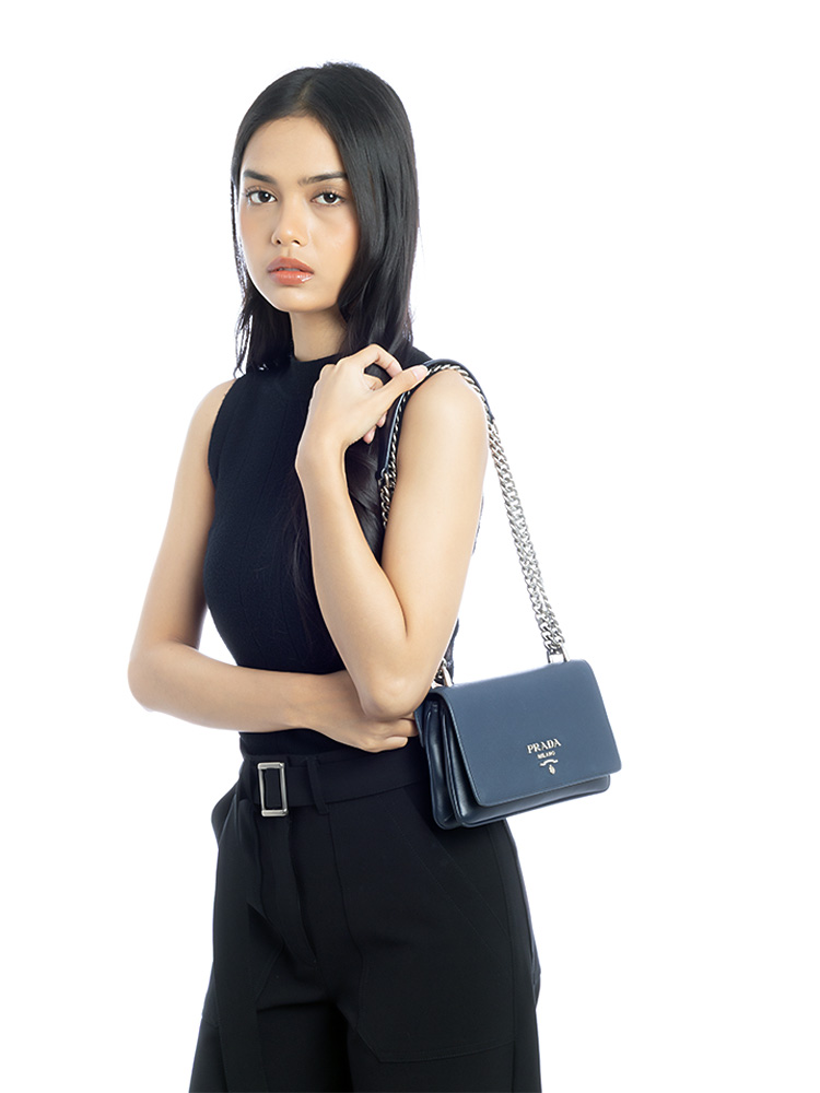Saffiano Calfskin Pattina Chain Shoulder Bag Navy