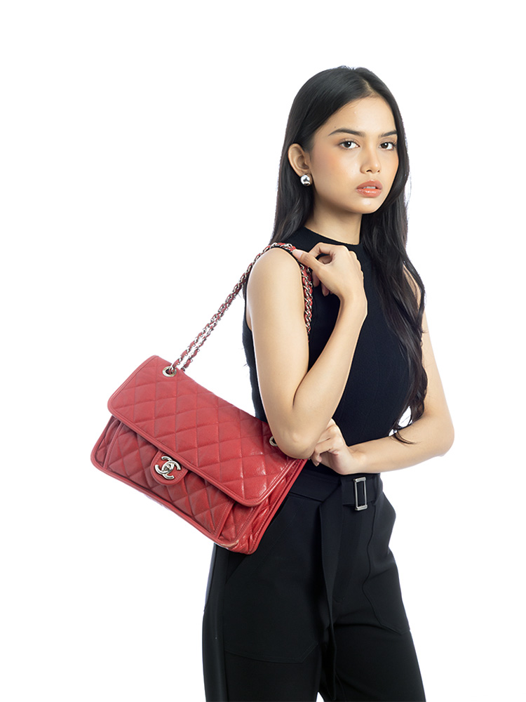Caviar French Riviera Large Flap Bag Red