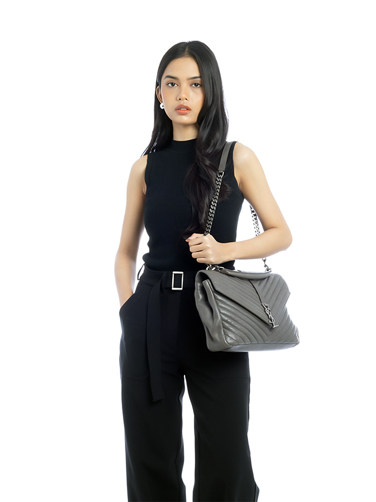 Sheepskin Matelasse Monogram College Large Shoulder Bag Grey 