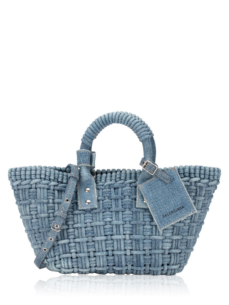 Washed Frayed Denim Braided Bistro XS Basket Bag Blue