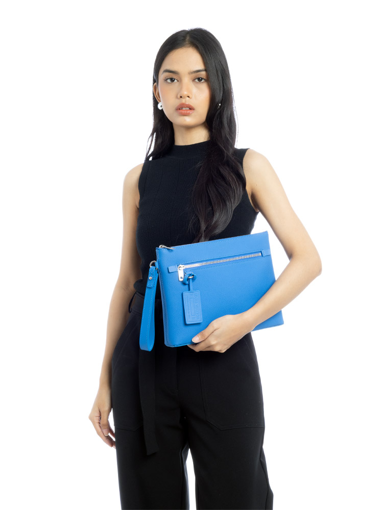 Grained Calfskin Aerogram Takeoff Pouch Bright Blue