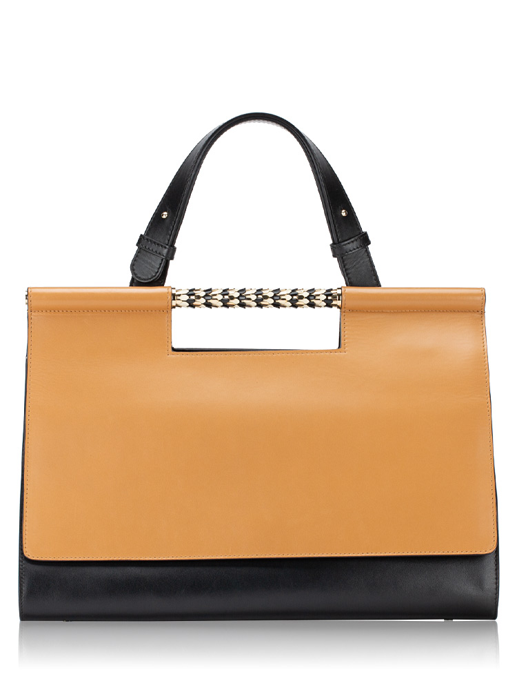 Calfskin Serpenti Scaglie Top Handle Bag Brown Black White