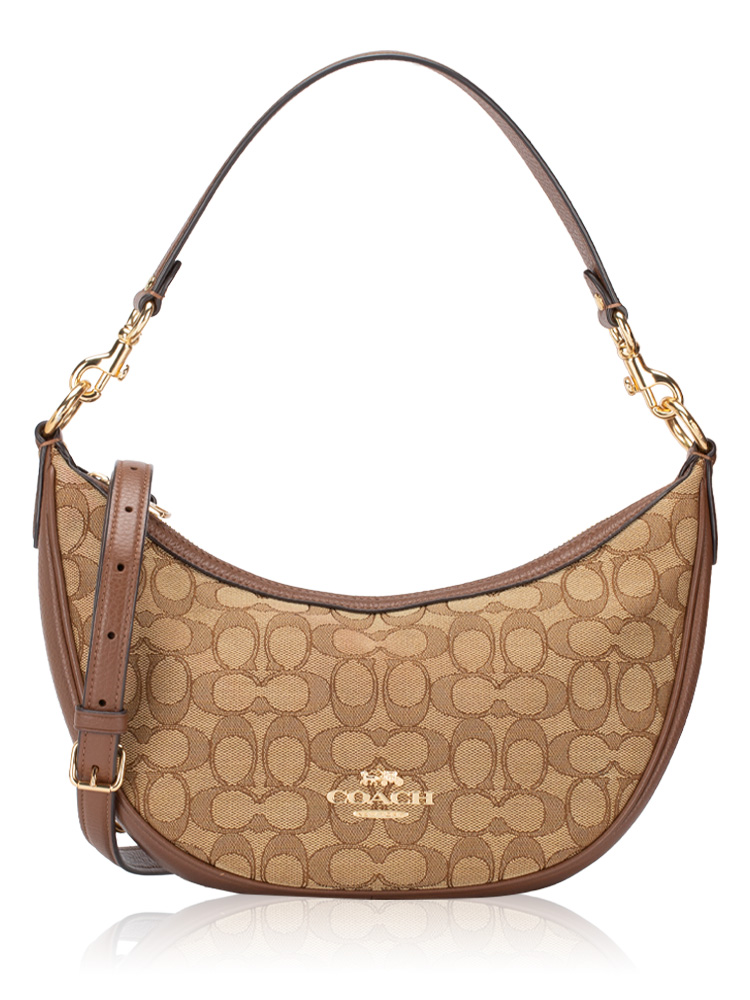 CO997 Signature Jacquard Aria Shoulder Bag Khaki Saddle Multi