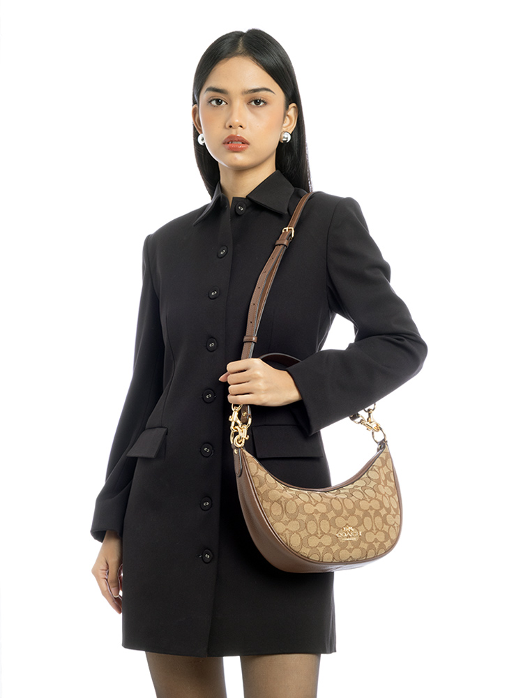 CO997 Signature Jacquard Aria Shoulder Bag Khaki Saddle Multi