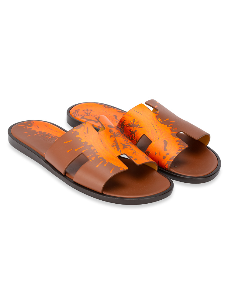 Men Veau Pompei Calfskin Izmir Sandals Naturel Orange Sz 42