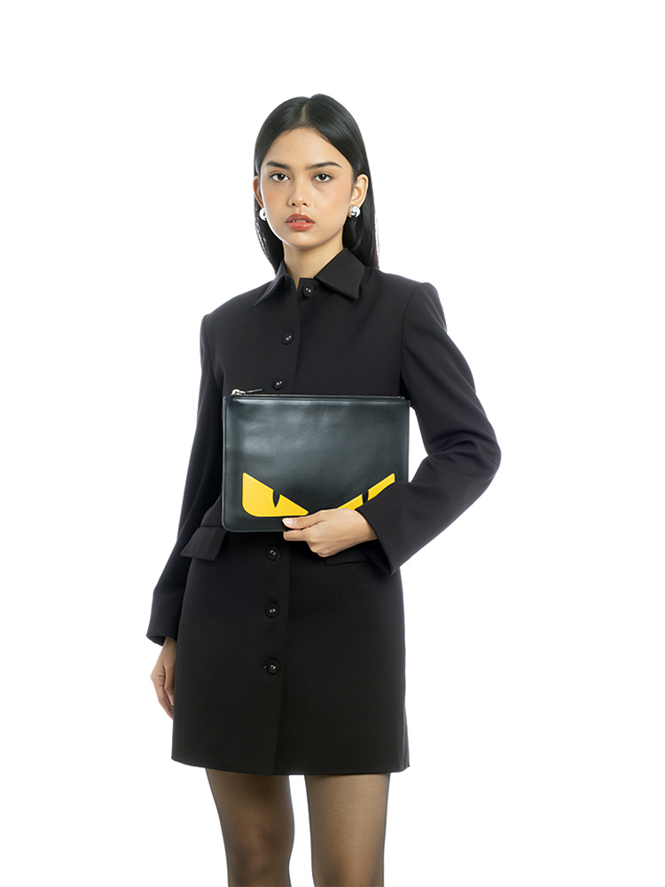 Vitello Century Monster Eyes Inlay Pouch Black Giallo