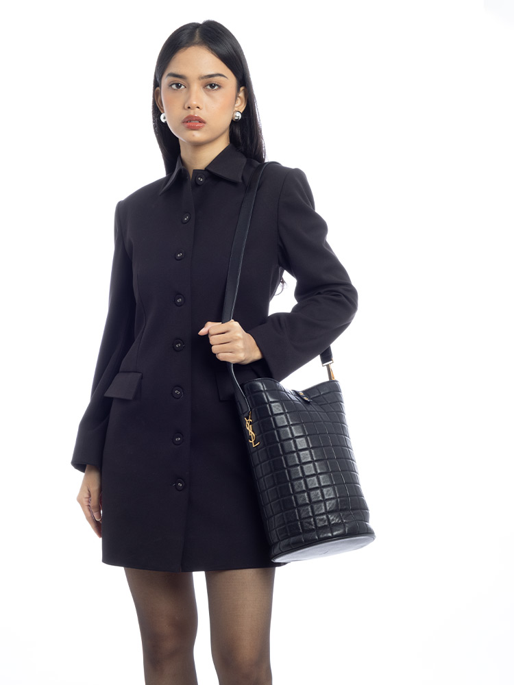 Lambskin Quilted Cecile Medium Bucket Bag Black