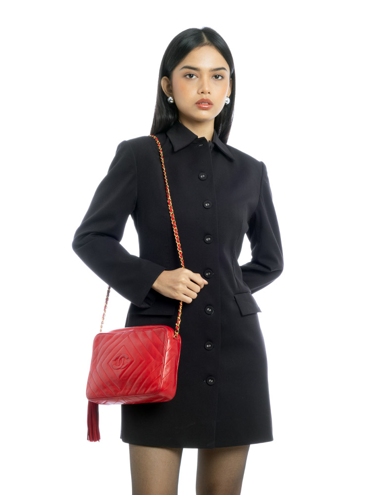 Vintage Lambskin Tassel Camera Bag Red