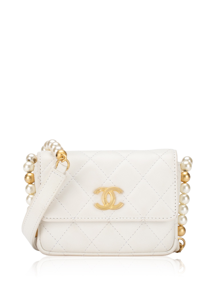 Calfskin Mini CC Card Holder on Pearl Strap White