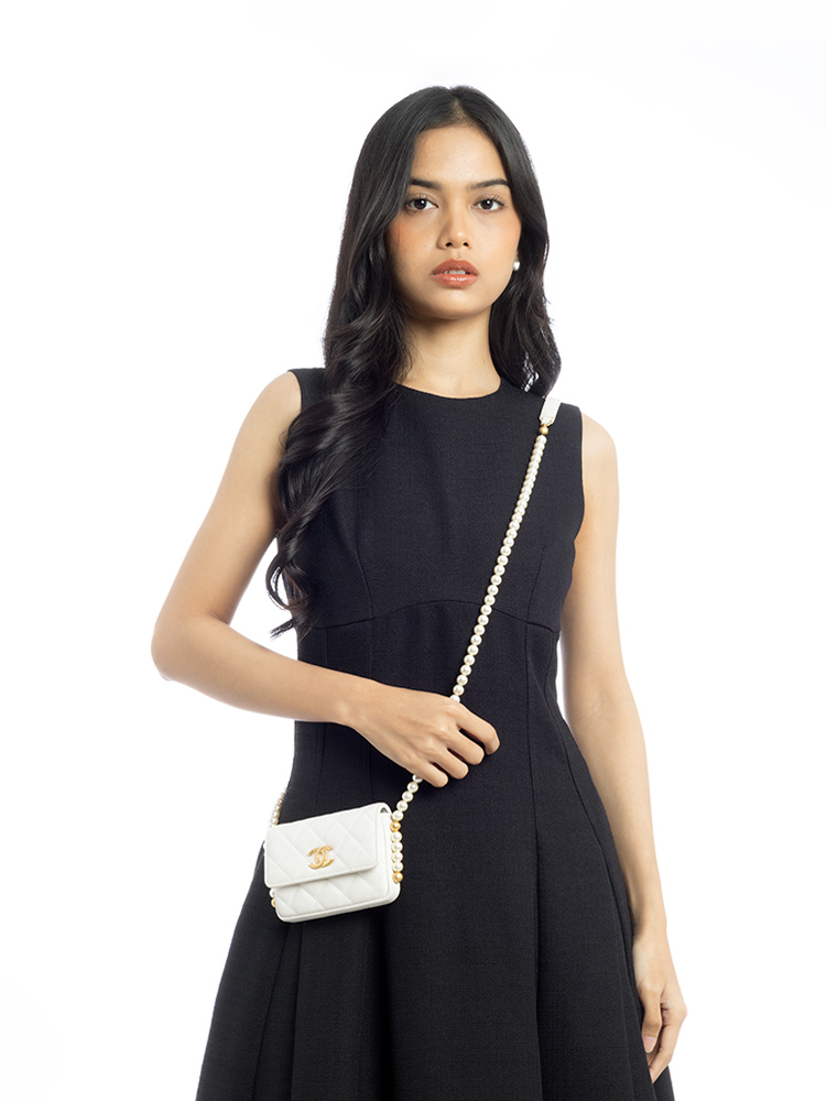 Calfskin Mini CC Card Holder on Pearl Strap White