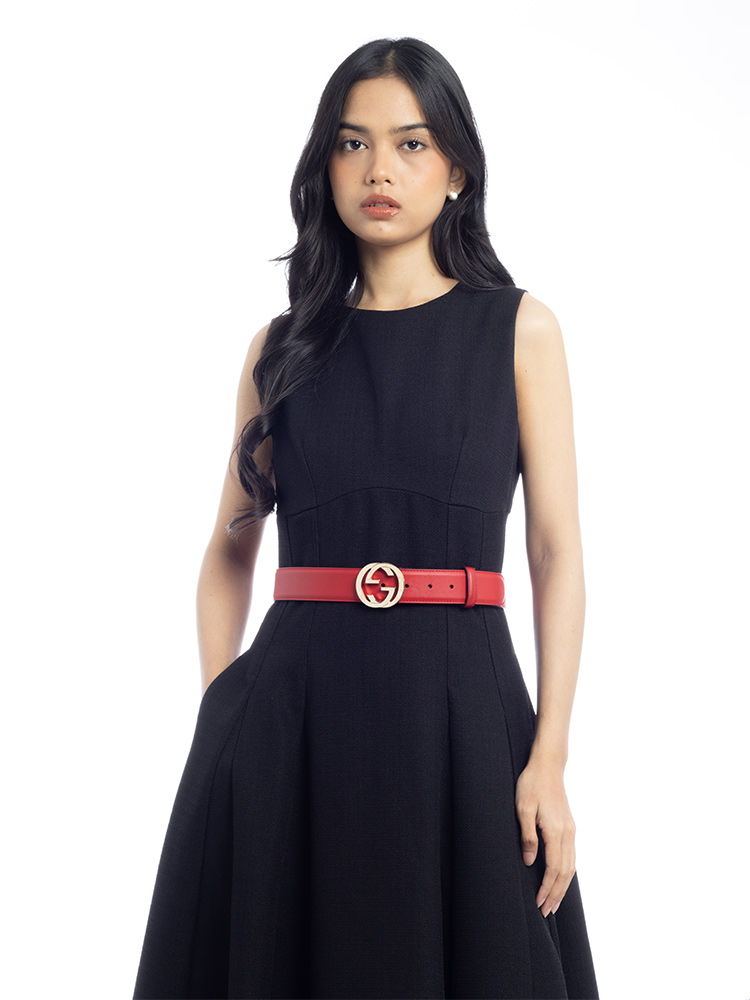 Calfskin Interlocking G Belt Hibiscus Red Sz 90