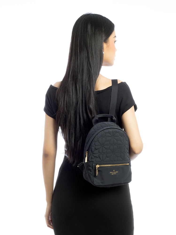 Flower Spade Quilted Fabric Small Backpack Black