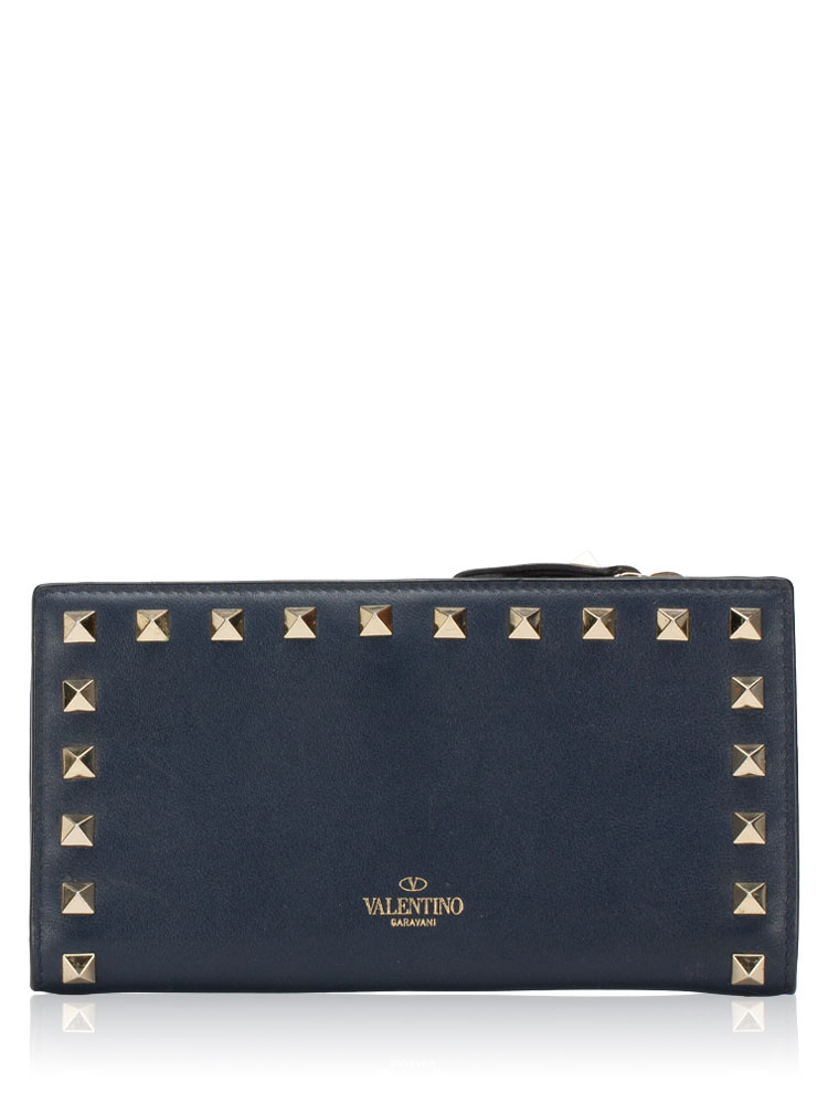 Calfskin Rockstud Bi-Fold Long Wallet Navy