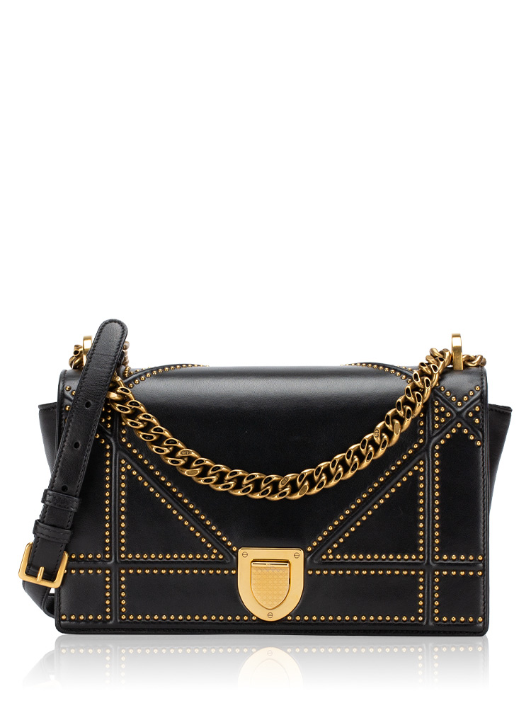 Calfskin Studded Diorama Medium Shoulder Bag Black