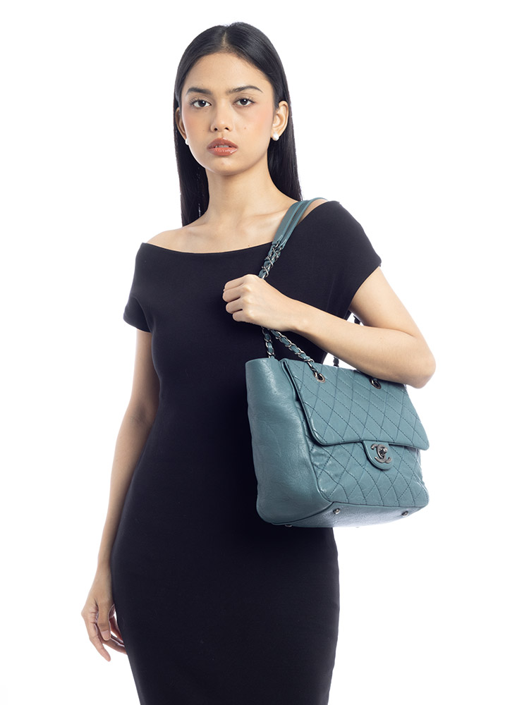 Calfskin Quilted Front Pocket Tote Blue