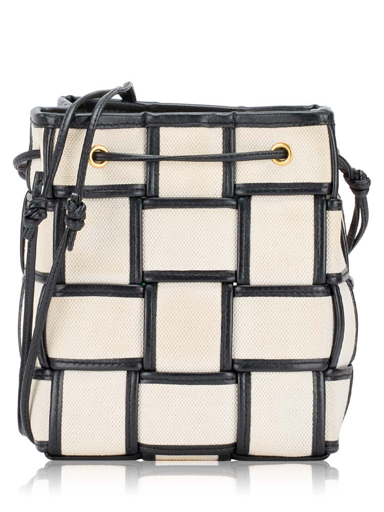 Canvas Maxi Intrecciato Cassette Small Bucket Bag Natural Black