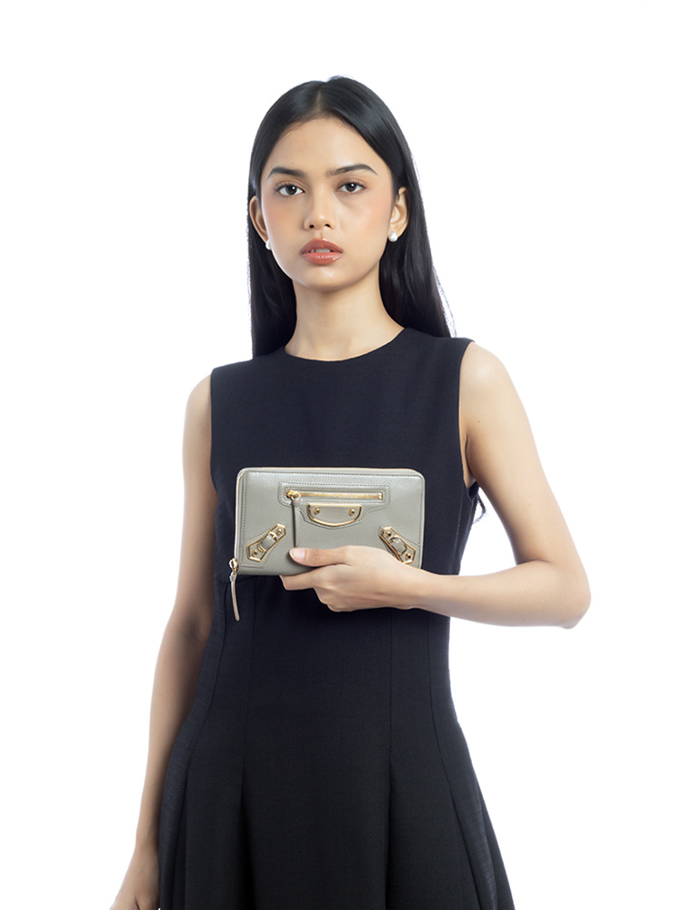 Gold Metallic Edge Zip Wallet Gris Taupe