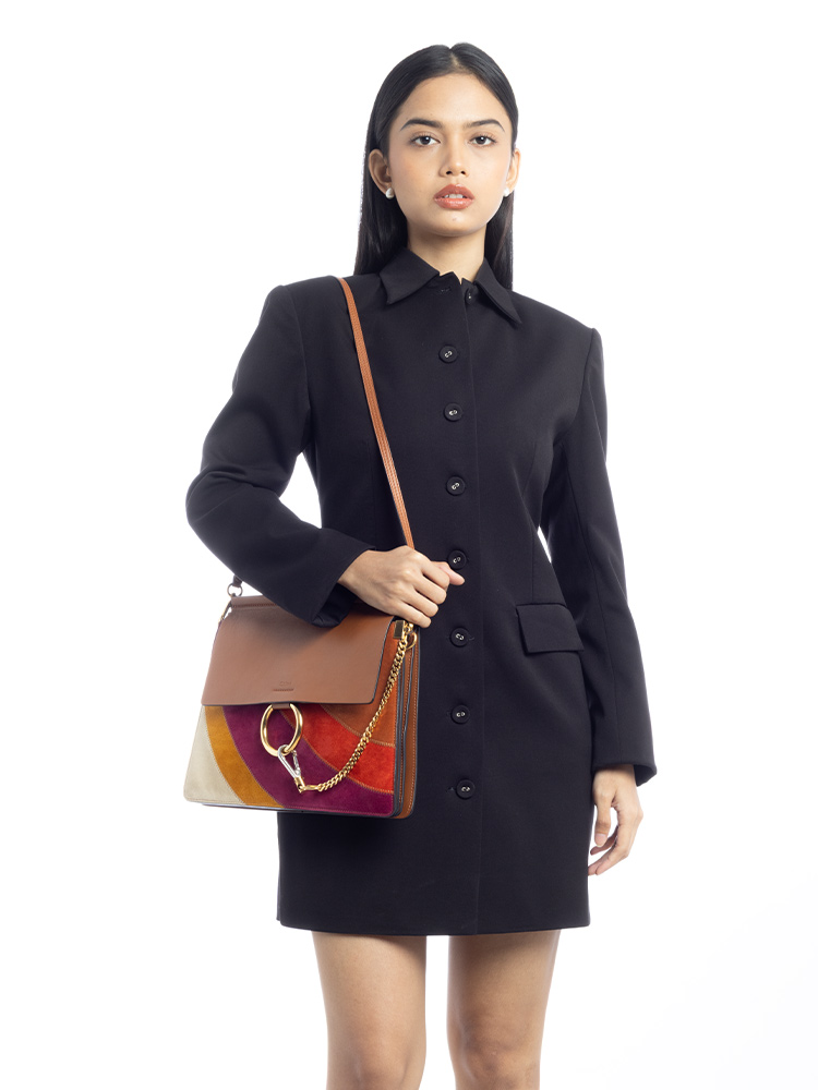 Suede Patchwork Faye Medium Shoulder Bag Caramel Multicolor