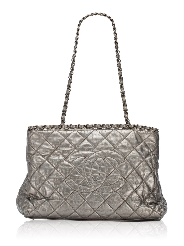 Metallic Aged Calfskin Chain Me Small Tote Pewter