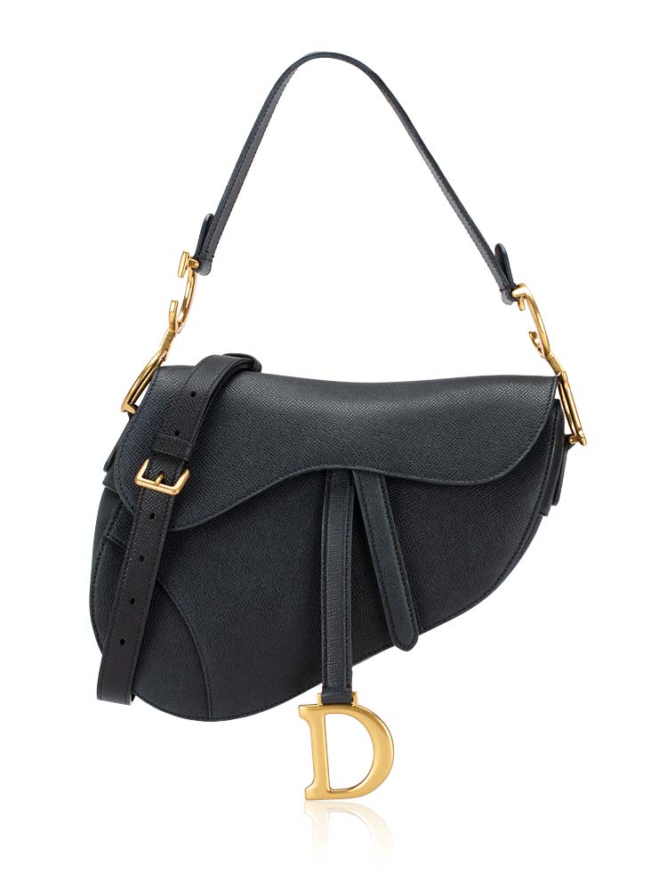 Grained Calfskin Medium Saddle Bag with Strap Black