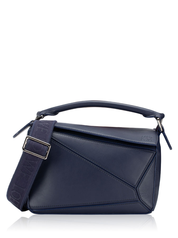 Satin Calfskin Small Puzzle Bag with Jacquard Strap Abyss Blue