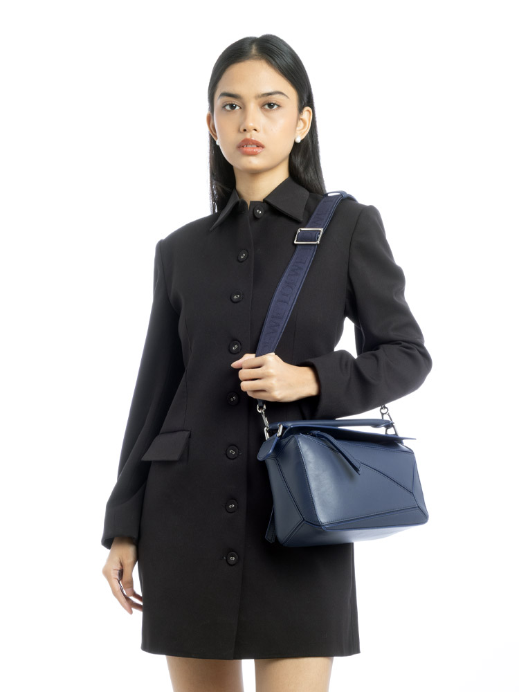Satin Calfskin Small Puzzle Bag with Jacquard Strap Abyss Blue