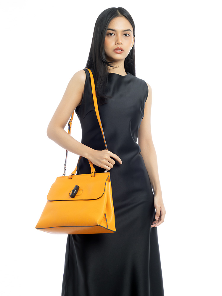 Pebbled Calfskin Bamboo Daily Medium Top Handle Bag Orange