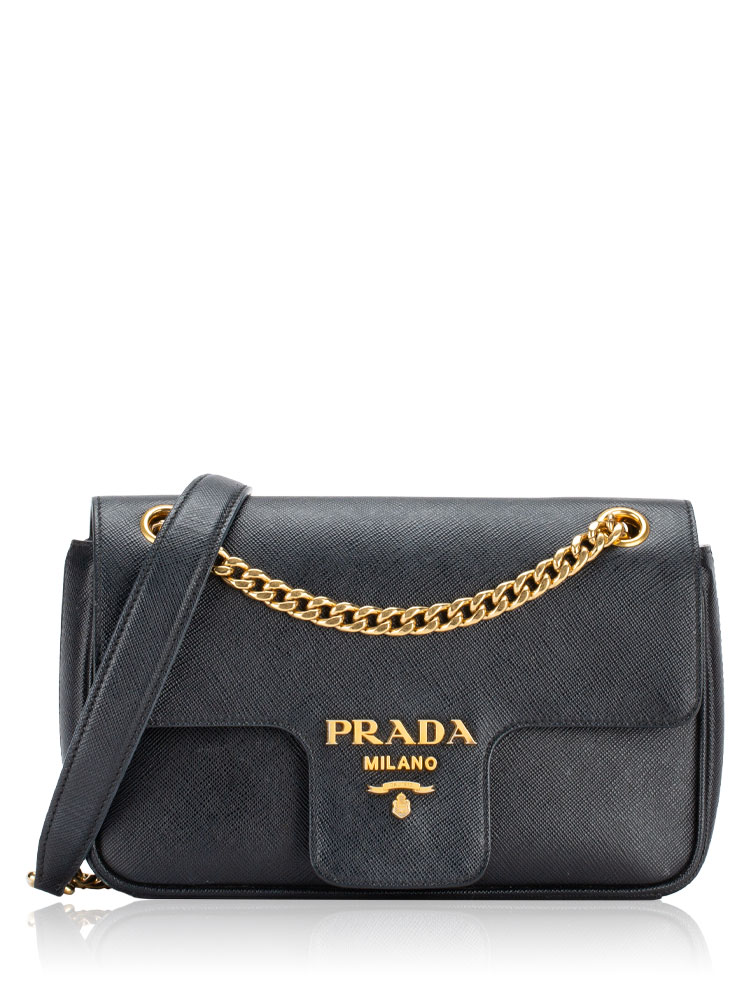 Saffiano Pattina Flap Shoulder Bag Nero