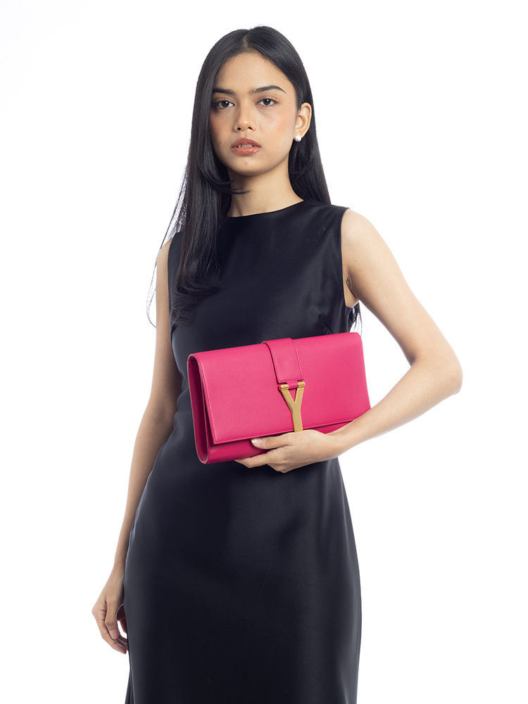 Calfskin Classic Y Ligne Clutch Fuchsia