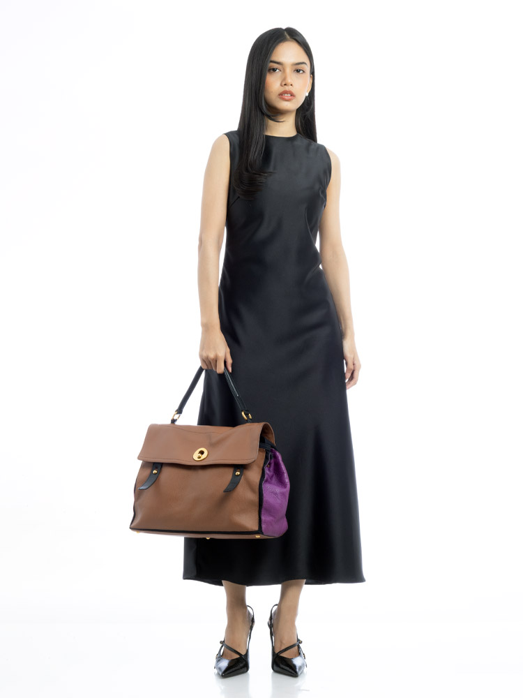 Calfskin Canvas Large Muse Two Brown Purple Black