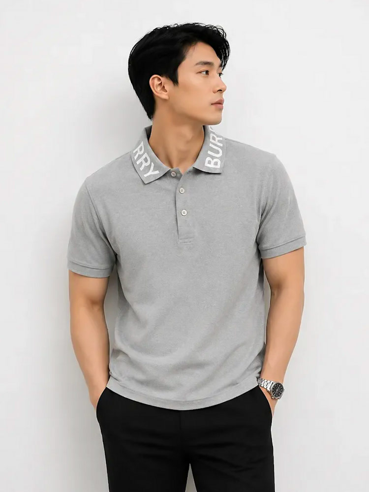 Men Ryland Collar Logo Polo Shirt Pale Grey Melange Sz L