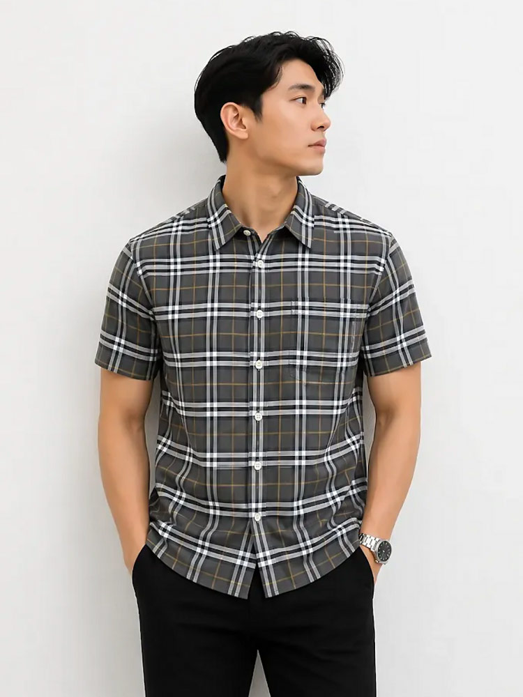 Men George IP Check Short Sleeve Shirt Dark Grey Sz M