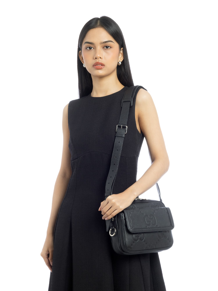 Jumbo GG Embossed Calfskin Small Camera Bag Black