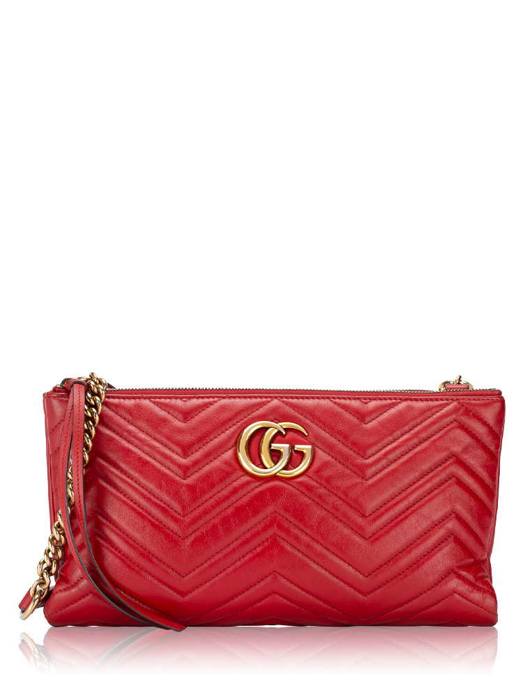 Calfskin GG Marmont Matelasse Double Zip Shoulder Bag Hibiscus Red