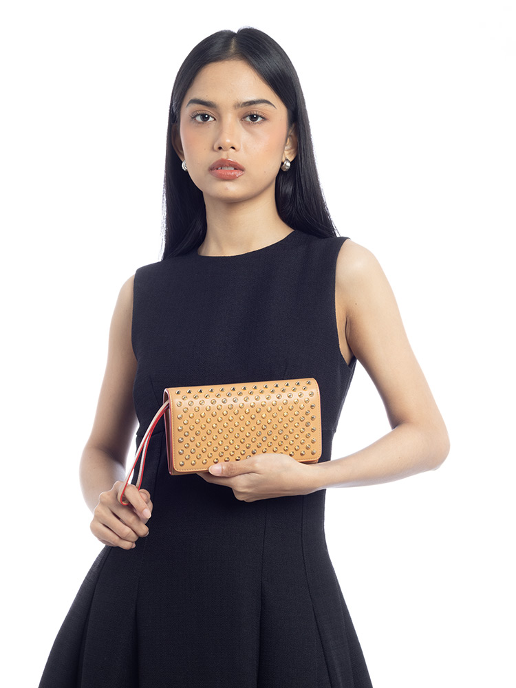 Calfskin Macaron Spiked Flap Wallet Cannelle