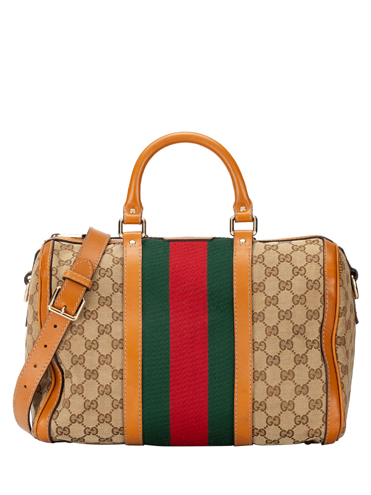 Canvas Vintage Web Medium Boston Bag with Strap Beige Tobacco