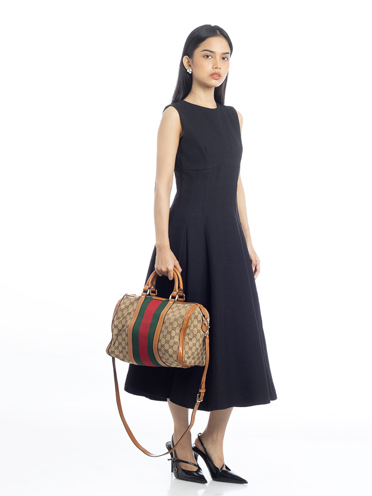Canvas Vintage Web Medium Boston Bag with Strap Beige Tobacco