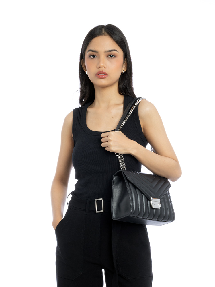 Whitney Quilted Medium Shoulder Bag Black Silver