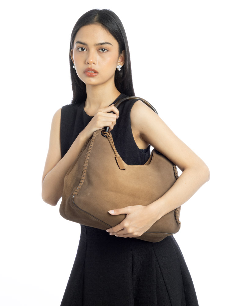 Vintage Suede Deerskin Whipstitch Hobo Bag Brown