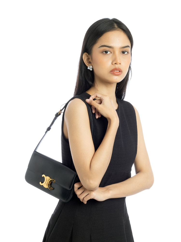 Shiny Calfskin Claude Triomphe Shoulder Bag Black